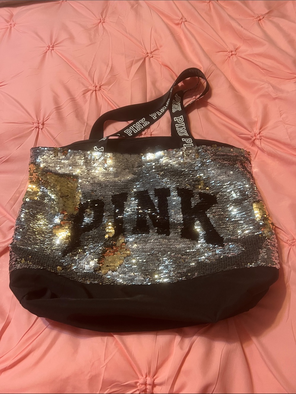 PINK Victoria's Secret Sequin Tote in Silver and black